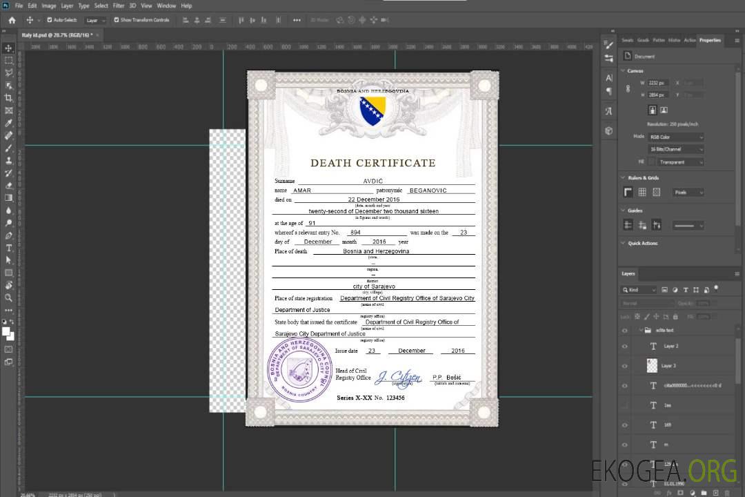 Modèle PSD de certificat de décès de l'état civil de Bosnie-Herzégovine template Modèle PSD de certificat de décès de l'état civil de Bosnie-Herzégovine template